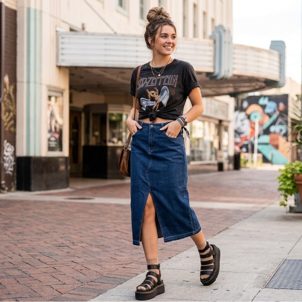 CiMuk Vintage-Inspired Denim Midi Skirt with Front Slit NWT